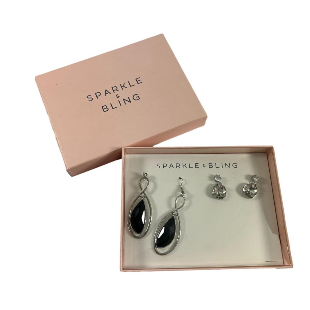 Sparkle & Bling Set 2 Earrings Dangle Black Silver Tone Rhinestones 3" 1" New